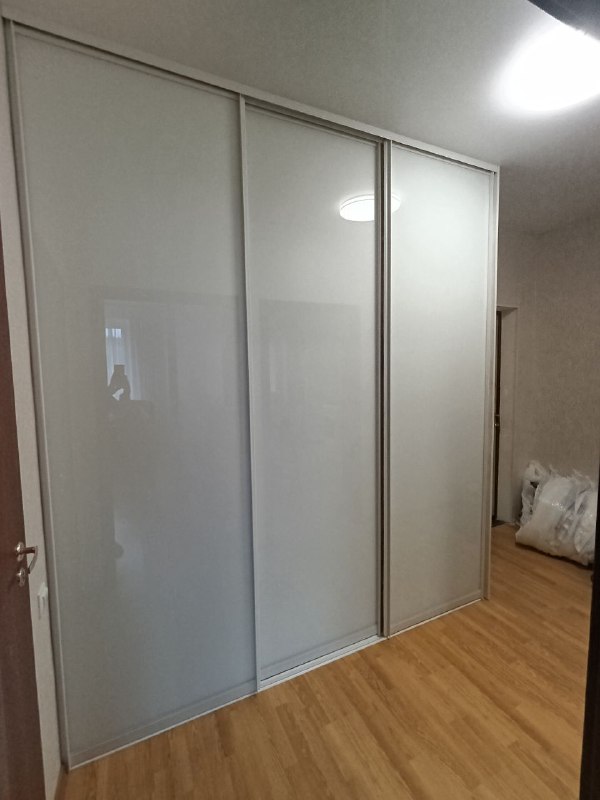 Двери-купе из цветного стекла в прихожую, серебристый профиль, фото 1
