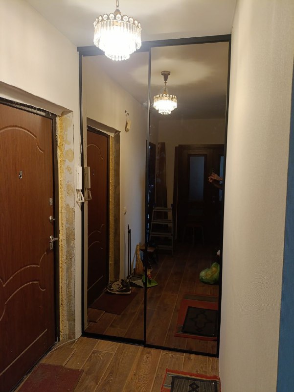 Зеркальные двери-купе в прихожую, чёрный профиль, фото 1