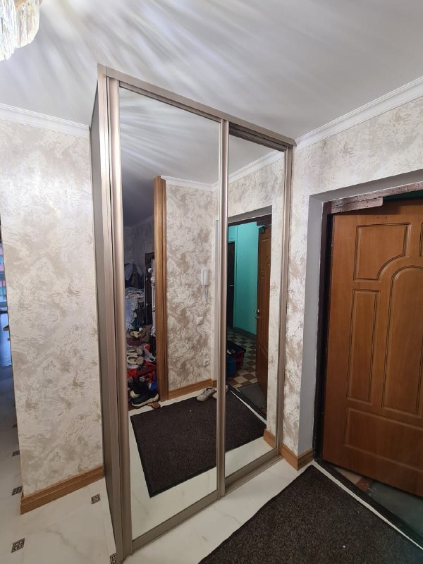 Зеркальные двери-купе в прихожую, серебристый профиль, фото 1